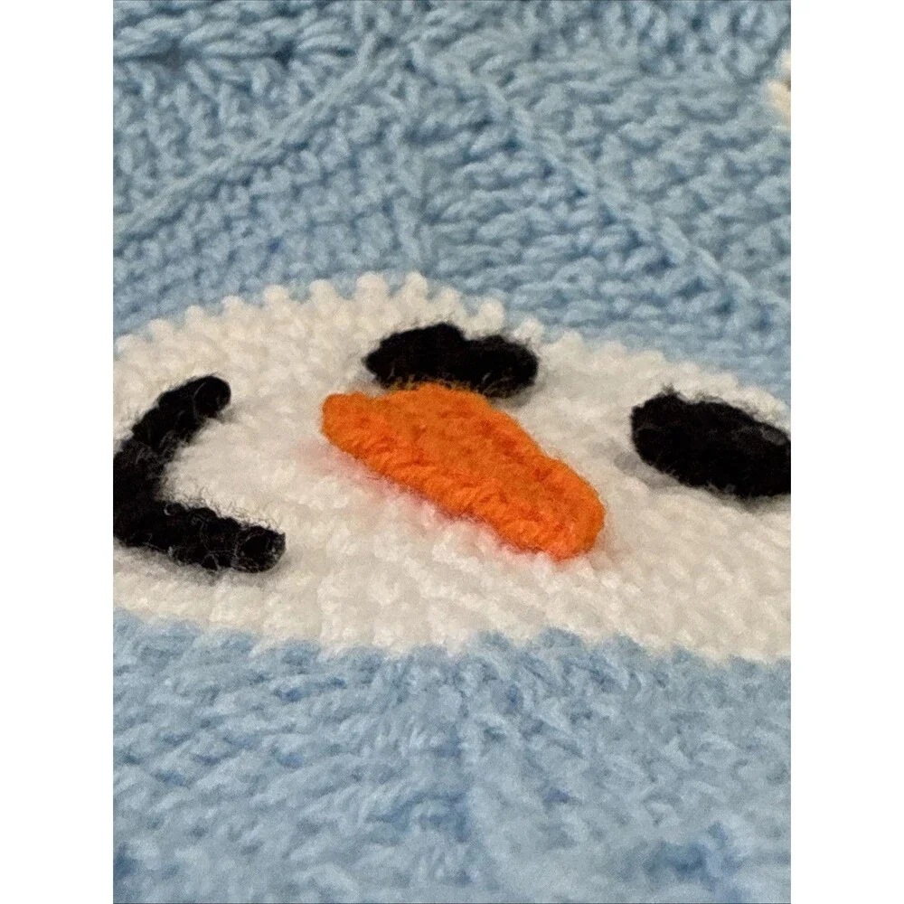 Snowman Crocheted Hand Knit Afghan Throw Blanket 49x41” Baby Blue Winter Holiday